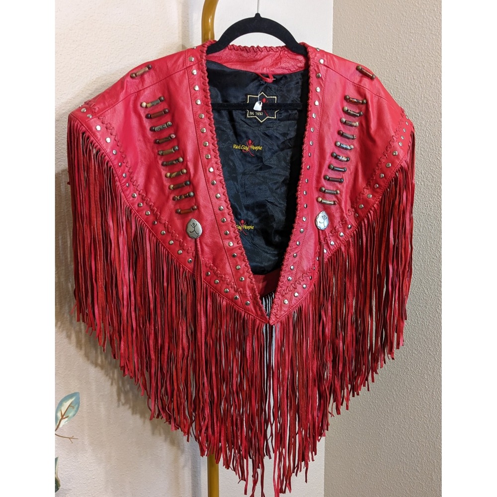 Vintage Red Clay People Western Red Leather Fringe Shawl Cape Studded Beaded